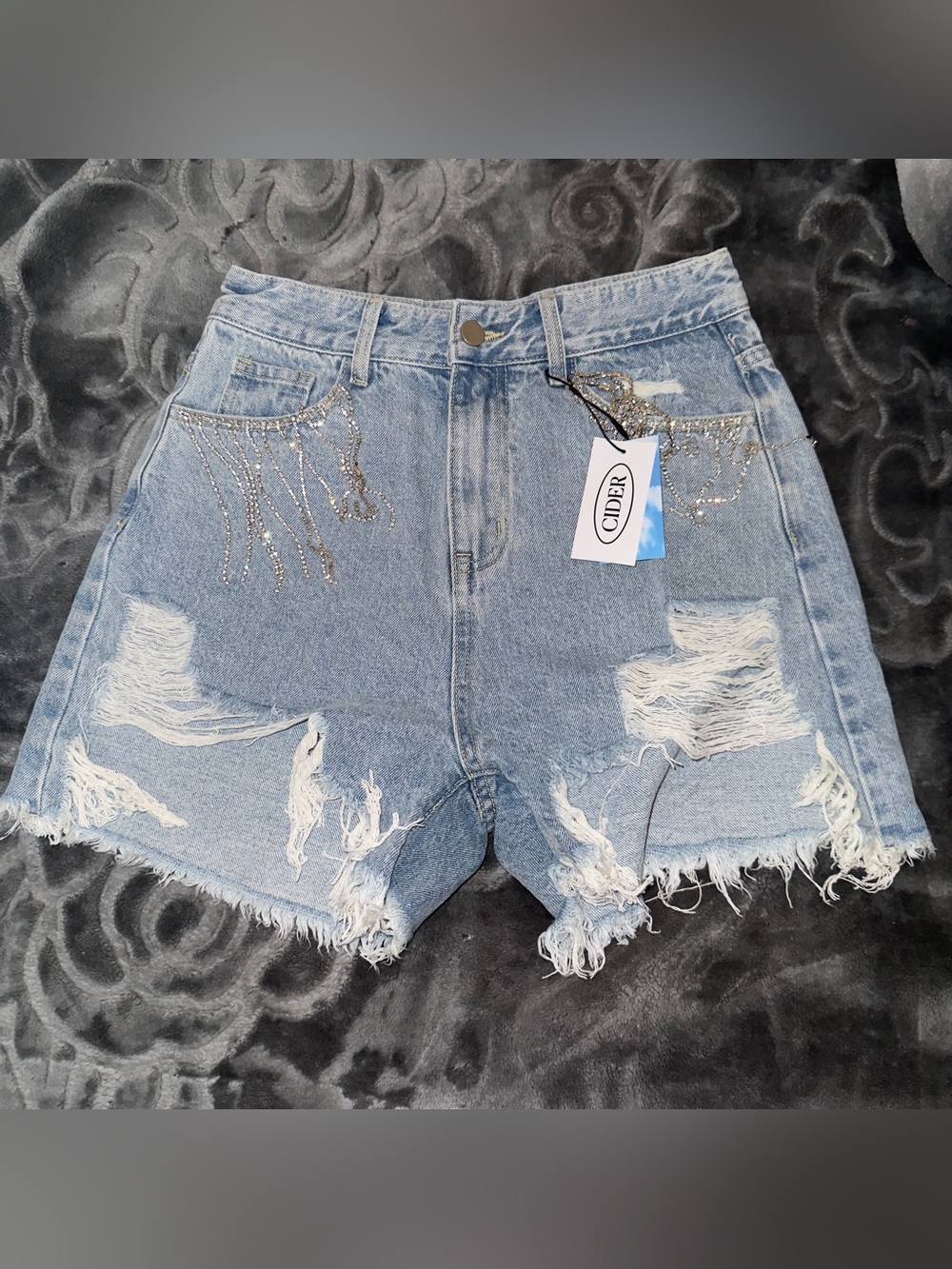 Cider Diamond Tassels Ripped Denim Shorts